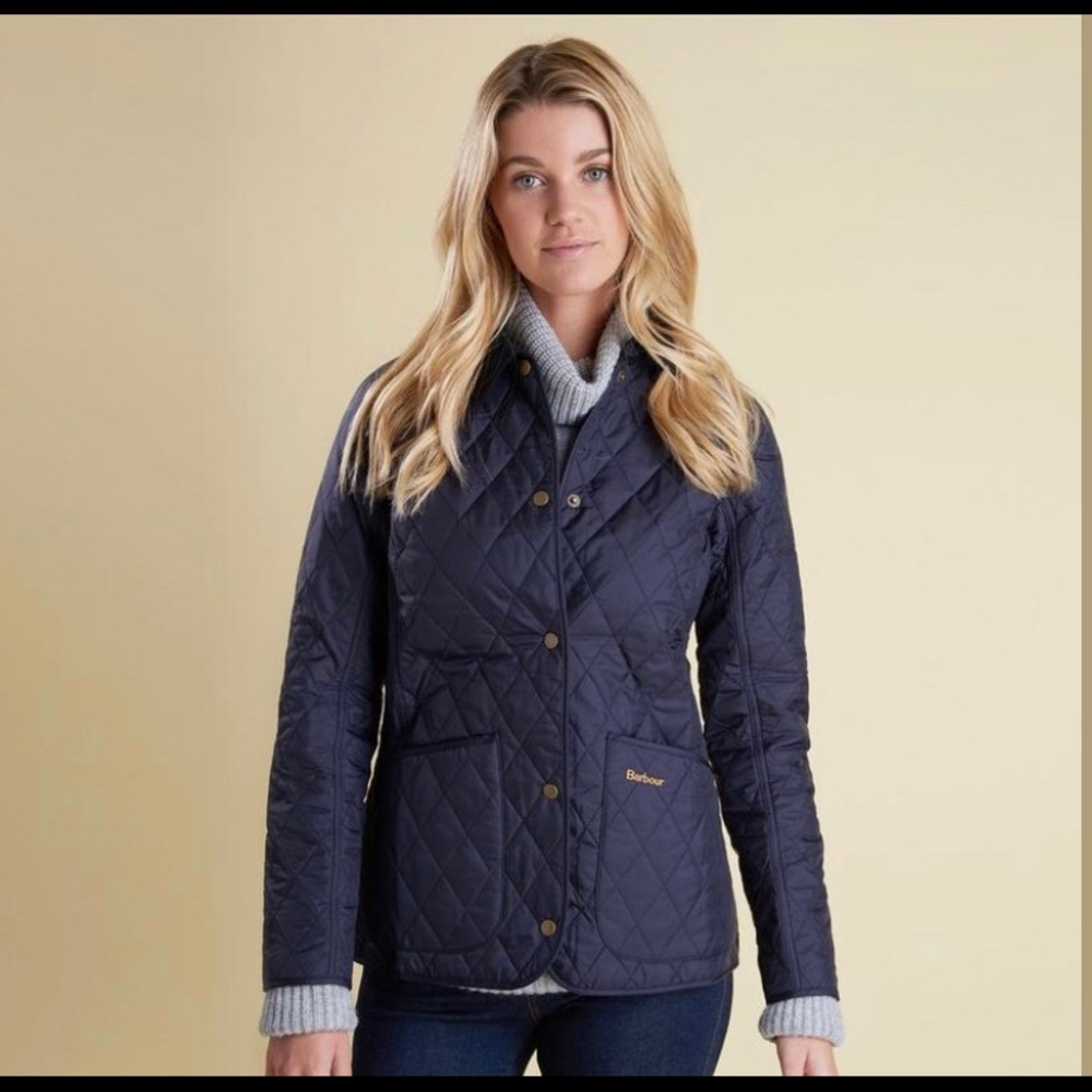 Women’s Navy quilted snap front Barbour coat